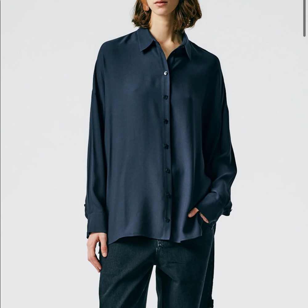 Tibi // Feather Weight Eco Crepe Oversized Shirt, Navy